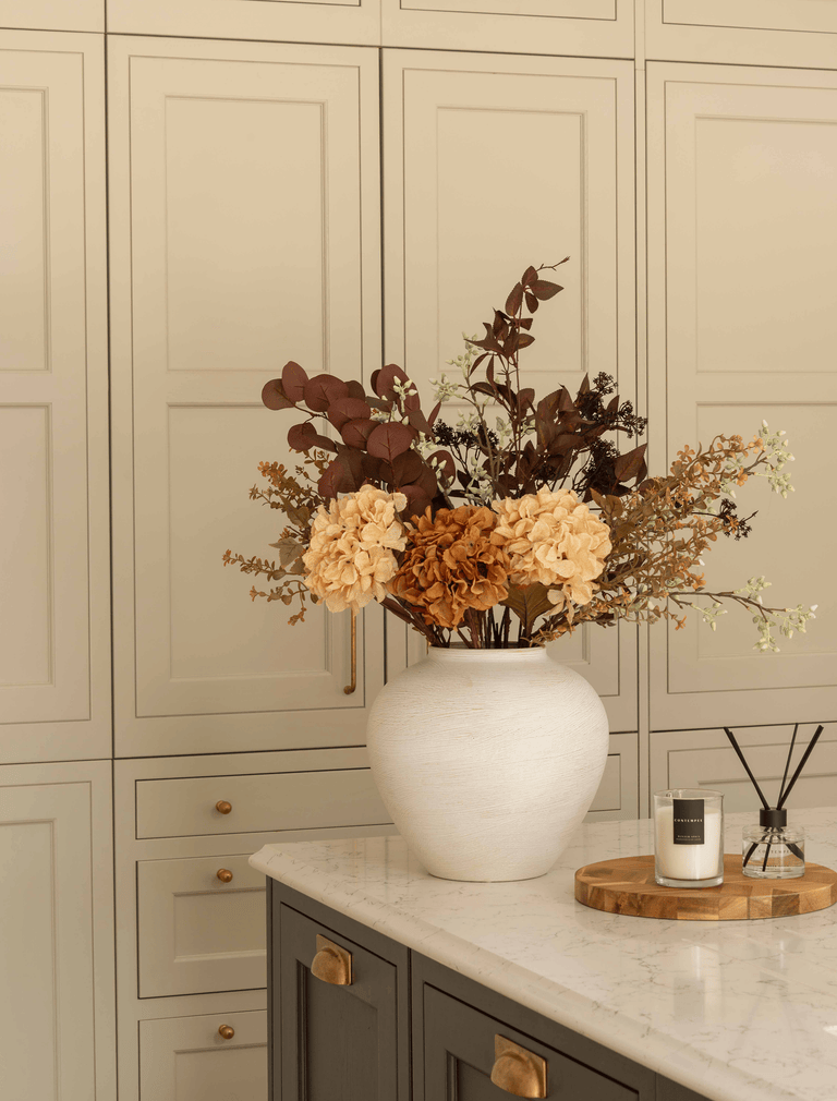 Faux Arrangement - Orange Hydrangea & Eucalyptus