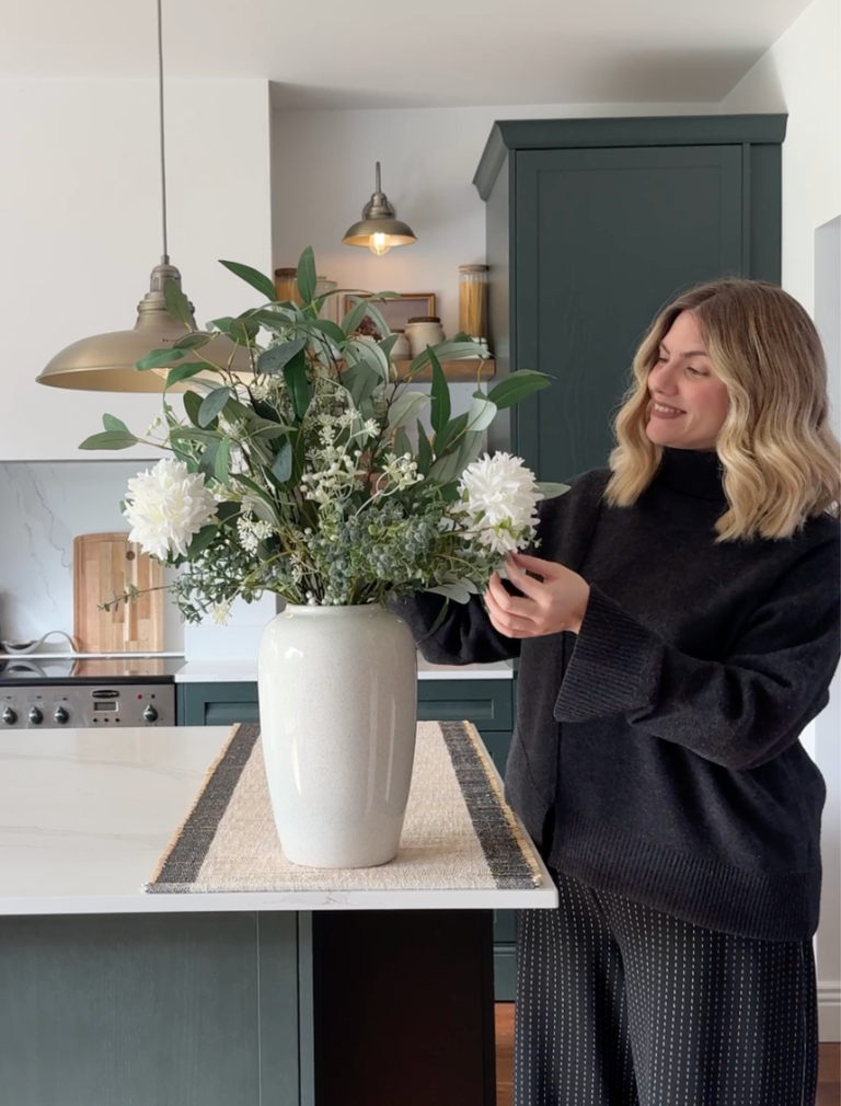 Faux Arrangement - White Dahlia & Green Foliage