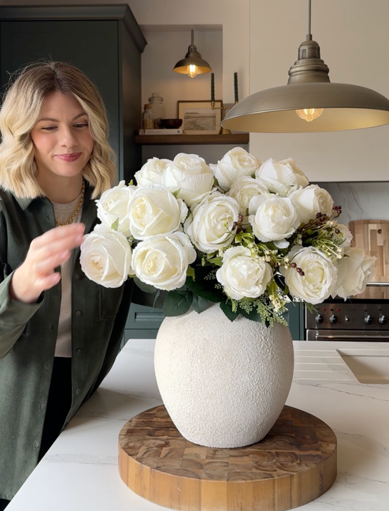 Faux Large Rose Arrangement - White Ivory (3 Stems/21 Roses)