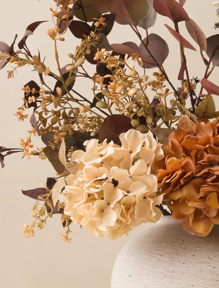 Faux Arrangement - Orange Hydrangea & Eucalyptus