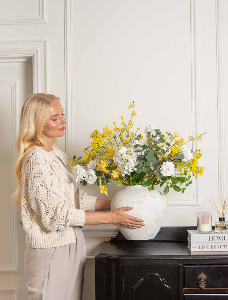 Faux Arrangement - Eucalyptus, Yellow Mimosa & White Dahlia