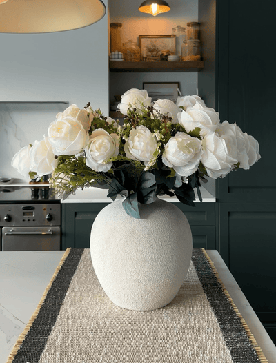 Faux Large Rose Arrangement - White Ivory (3 Stems/21 Roses)